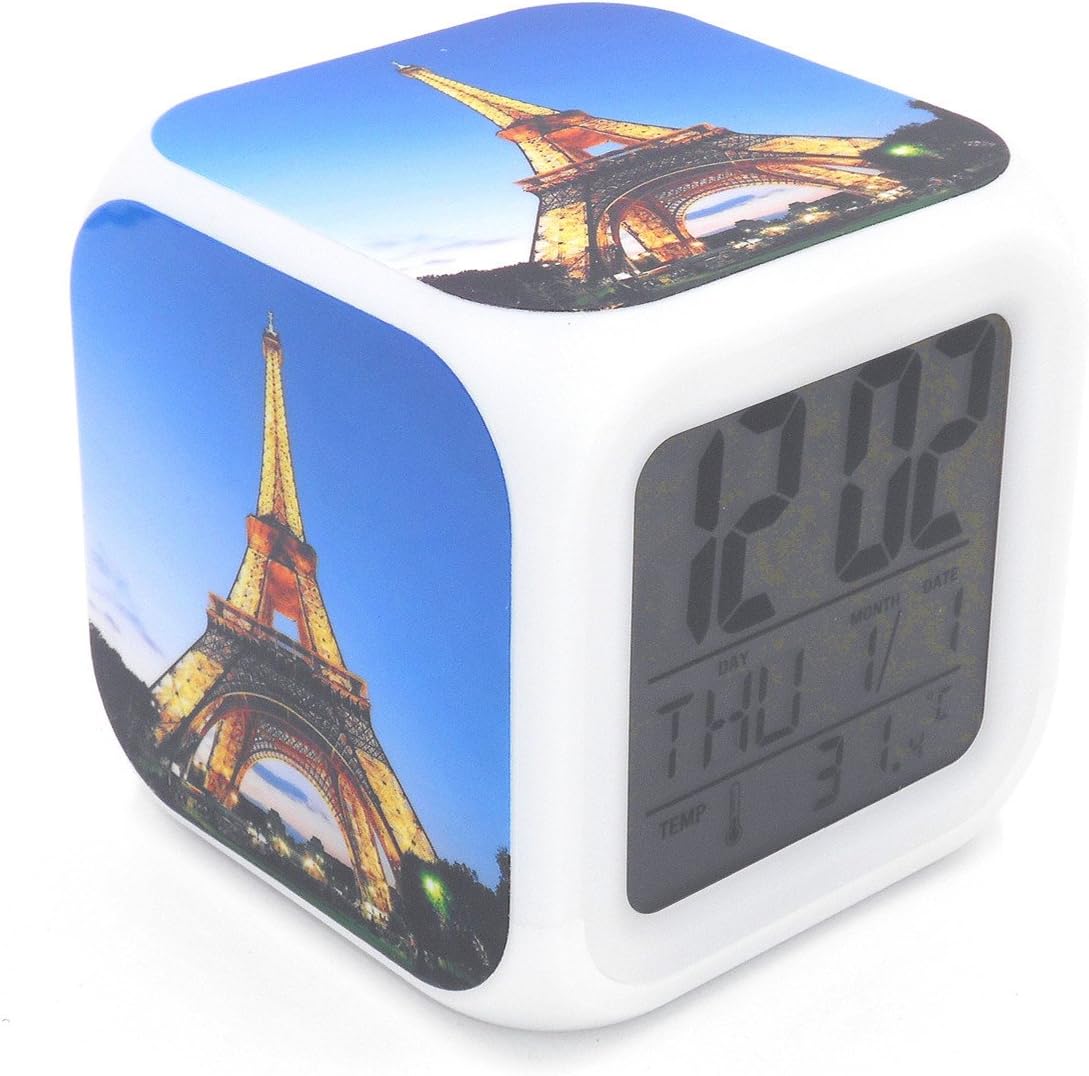 BoFy Led Alarm Clock Paris Eiffel Tower Light View Pattern Personality Creative Noiseless Multi-Functional Electronic Desk Table Digital Alarm Clock for Unisex Adults Kids Toy Gift