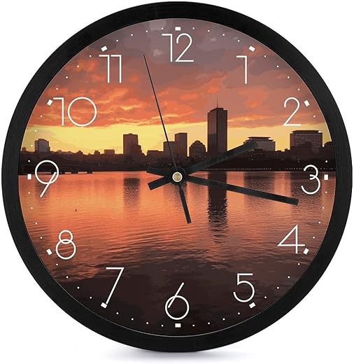 Boston Charles River City Skyline Sunset Wall Clock 10 Inch Silent Non-Ticking Round Printing Wall Clock Battery Operated Clock Decorative Round Wall Clock for Office Home Living Room Bedroom