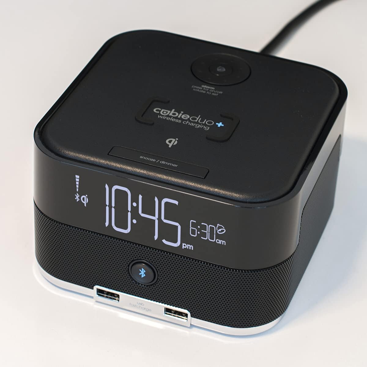 Brandstand | CubieDuo+ | User Friendly & Convenient Charging Alarm Clock | Qi Wireless Charger | Bluetooth Speaker |2 USB Ports