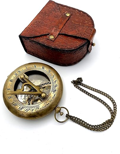 Brass Sundial Compass with Leather Case and Chain - Push Open Compass - Steampunk Accessory - Antiquated Finish - Beautiful Handmade Gift -Sundial Clock