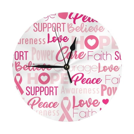 Breast Cancer Pink Ribbons Wall Clock Silent Non Ticking - 10 Inch Battery Operated Modern Clocks for Living Room Bedroom Kitchen Bathroom Office Classroom, Decorative Clocks