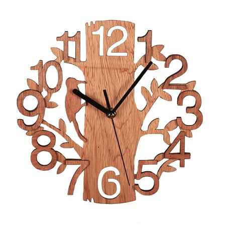 bring a No. 5 battery) Silent double-layer three-dimensional garden tree bird wall clock home wooden creative wall clock (22*22cm) Material: woo