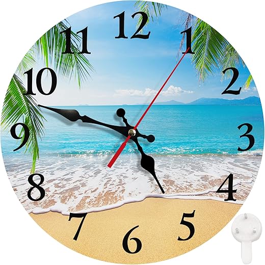 Britimes Round Wall Clock Silent Non-Ticking Battery Operated Clock 10 Inch, Palm Tropical Beach Summer Tree Home Decor for Living Room, Kitchen, Bedroom, and Office