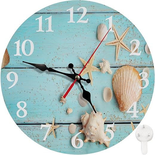 Britimes Round Wall Clock, Silent Non-Ticking Battery Operated Clock 10 Inch, Decor for Bathroom, Bedroom, Kitchen, Office or School Summer Beach Seashell