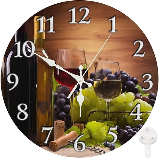 Britimes Round Wall Clock Silent Non-Ticking Battery Operated Clock 12 Inch, Glasses Red White Wine Grapes Home Decor for Living Room, Kitchen, Bedroom, and Office