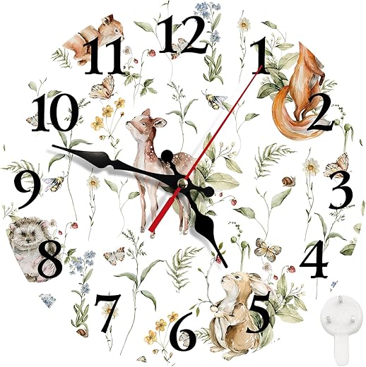 Britimes Round Wall Clock Silent Non-Ticking Battery Operated Clock 12 Inch, Cute Woodland Nursery Bunny Fox Home Decor for Living Room, Bathroom, Bedroom, Kitchen, Office and School