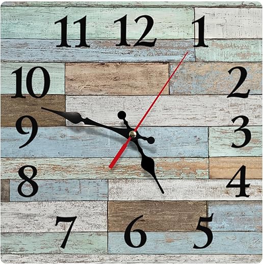 Britimes Square Wall Clock Silent Non-Ticking Battery Operated Clock 12 Inch, Wood Vintage Blue Board Brown Home Decor for Living Room, Kitchen, Bedroom, and Office