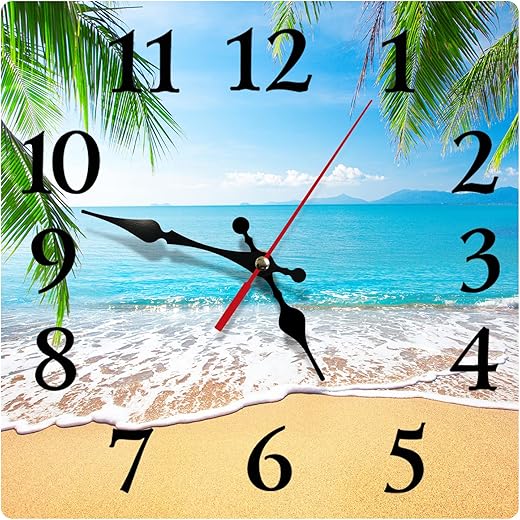 Britimes Square Wall Clock Silent Non-Ticking Battery Operated Clock 12 Inch, Palm Tropical Beach Summer Tree Home Decor for Living Room, Kitchen, Bedroom, and Office