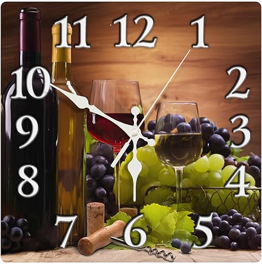 Britimes Square Wall Clock Silent Non-Ticking Battery Operated Clock 12 Inch, Glasses Red White Wine Grapes Home Decor for Living Room, Kitchen, Bedroom, and Office