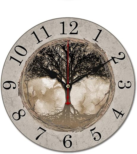 Brown Tree Non Ticking Wall Clock Decorative for House, Office, Home, Kids Room, Wall Clocks Battery Operated - 10 Inch Brown Tree Retro Wooden Wall Clocks Gifts for Family