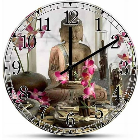 Buddha Lotus Printed Artwork Wall Clock Buddhism Inspired Meditation Flower Lotus Modern 12Inch Acrylic Hanging Silent Watch Battery Operated Quatrz Yoga Studio Zen Home Decor