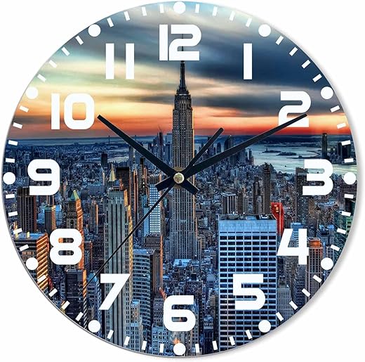 Building Wall Clock Battery Operated New York World Scenery Wall Clock Silent Non Ticking Quality Quartz 10 Inch Round Easy Clock to Read for Home Office