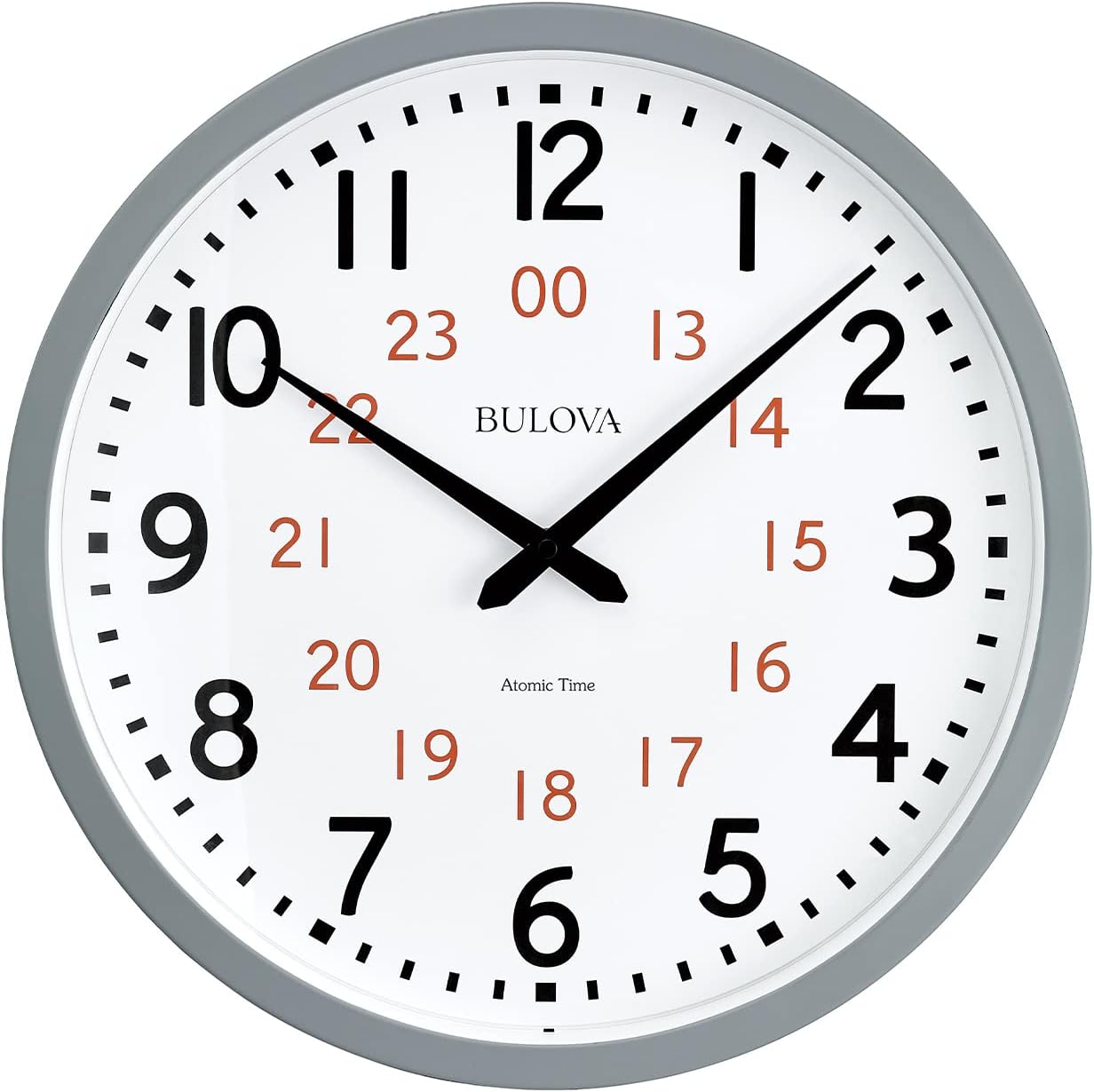 Bulova Atomic Analog Wall Clock Model C5003 Atomic Time 1, Sets Automatically, Quartz Battery Gray