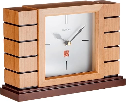 Bulova B1659 Usonian II Frank Lloyd Wright Mantel Clock, Natural Finish with Walnut Stain Base