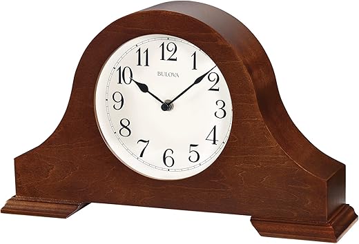 Bulova B1931 Sturbridge Brown Cherry Hardwood Tambour Shape Decorative Mantel and Table Top Clock with Cream Dial and Metal Spade Hands