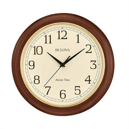 Bulova Wooden Atomic Analog Wall Clock, C5004 Atomic Time 2, Sets Automatically, Quartz Battery