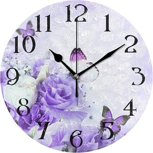 Butterfly Clock Purple Wall Clock Butterflies Clock Silent Non-Ticking Kitchen Clock Decor 9.5 Inch Decorative Round Clock Battery Operated Easy to Read for Bedroom Living Room Home