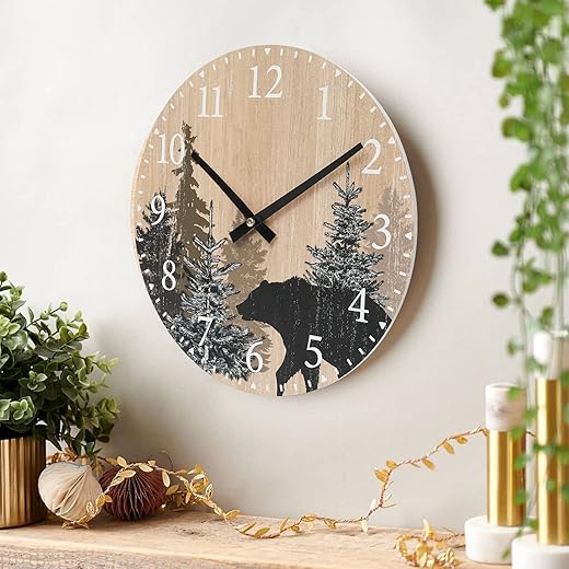 Cabin Bear Wall Clock 12 Inch Silent Non Ticking Clock Wooden Forest Wildlife Mountain Lodge Wall Clock Battery Operated Rustic Farmhouse Wall Clock