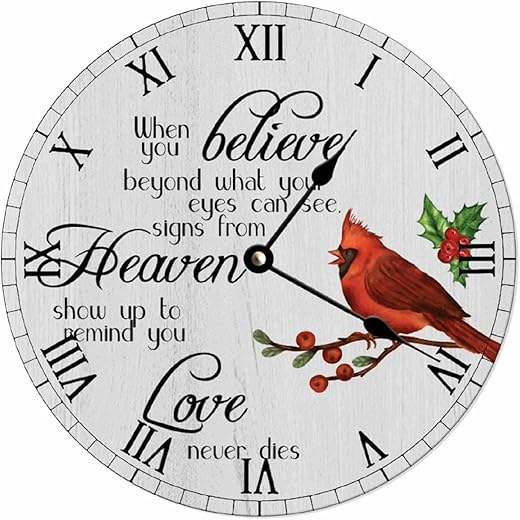 Cardinal Wall Clock Cardinals Christmas 10 inch Red Bird Silent Non-Ticking Clocks Battery Operated Love Never Dies Farmhouse Decor for Living Room Kitchen Home Bedroom