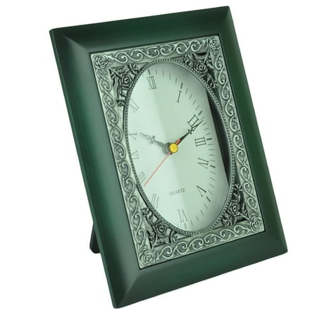 Cast Metal Pewter Petralite Wooden Look Desk Quartz Clock Emerald Green Oval