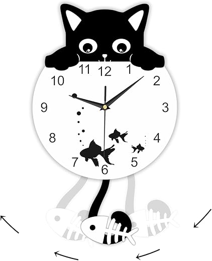 Cat Pendulum Wall Clock with Swing Tail, Unisex, Analog Display, 11 Diameter, Black