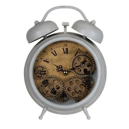 CC Home Furnishings 10 White and Gold Contemporary Table Clock with Mechanical Gears