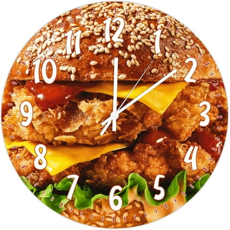 Cheesy Chicken Burgers Decorative Wall Clock Quartz Battery Operated Clocks Food Kitchen Decor Wall Clock For Dinning Living Room Restaurant Wall Decor 15Inch Round Clock Birthday Housewarming Gift