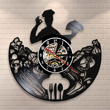 Chef Wall Clock Restaurant Business Logo Wall Decor Kitchen Utensils Professional Cook Gourmet Cuisine Food Vinyl Record Clock