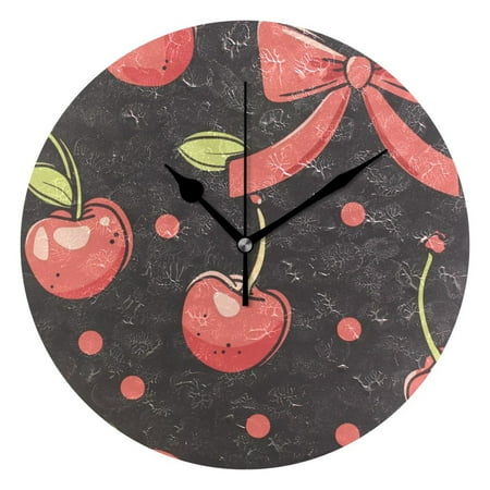 Cherries Bowknots Red Dots Wall Clock Battery Operated Round Clock Black Pointer No Numbers Home Decor for Living Room Bedroom 9.84 Diameter