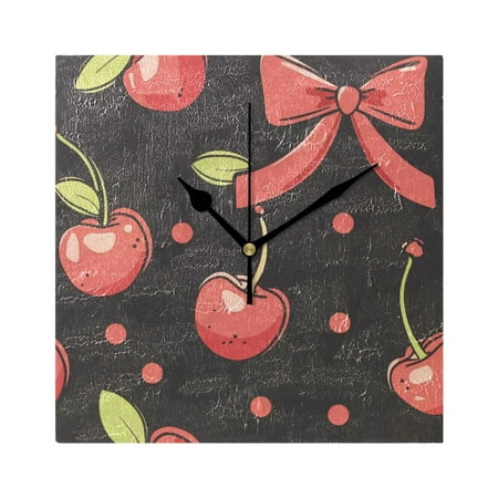 Cherries Bowknots Red Dots Wall Clock Battery Operated Square Black Pointer Home Decor for Living Room Bedroom 7.78 x 7.78