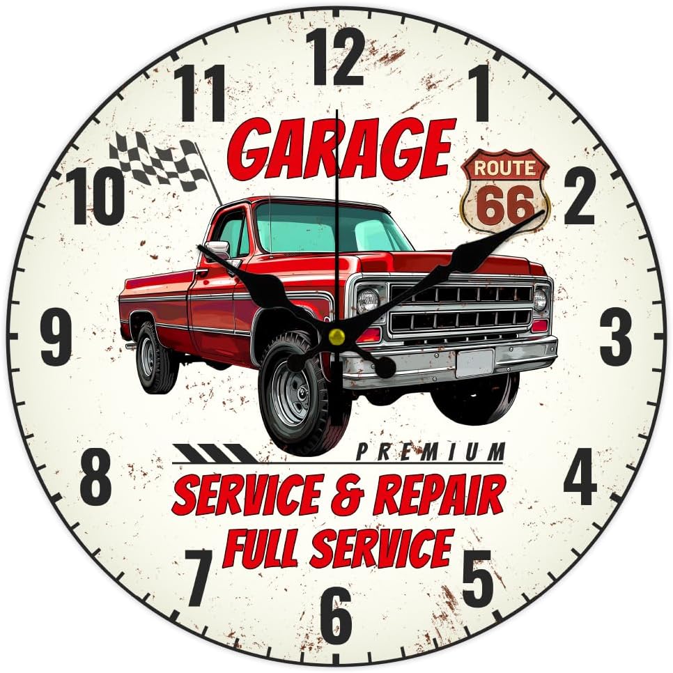 CHGCRAFT 12inch Car Wall Clock Pickup Truck Round Wooden Wall Clock Silent Non Ticking Clock Farmhouse Wall Clock for Office Home Bedroom Living Room Bathroom Kitchen Decor