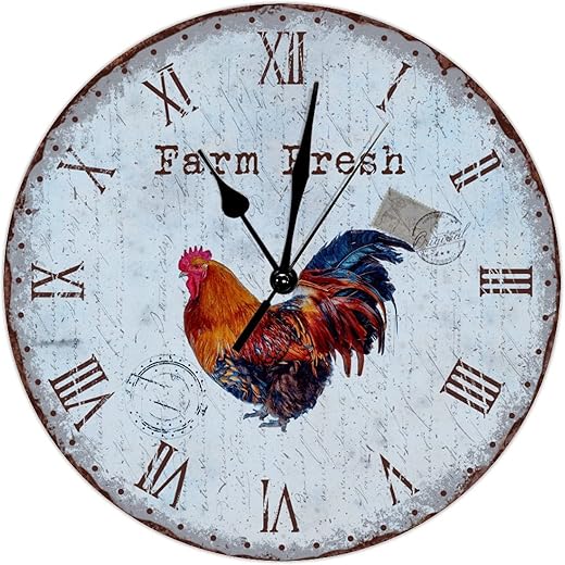 Chicken Themed Hen Wall Clock Blue French Farm Fresh Rooster Clock Silent Non Ticking Battery Operated Wood Clocks Tuscan Country Style 10inch Round Clock for Kitchen Dinning Room