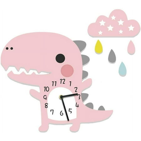 Children's wall clock dinosaur with clouds, clock without ticking noises, children's clock, silent clockwork, wall decoration boy (pink)