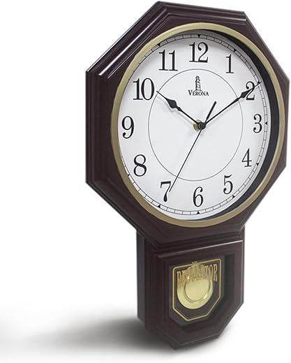 Chiming Wall Clock with Pendulum - Schoolhouse Regulator Clock - Westminster Chime Clock - Pendulum Wall Clock with Chimes - Battery Operated Pendulum Clock for Living Room, Office & Home Decor 17x11