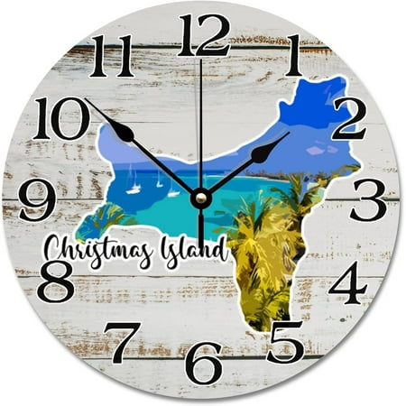 Christmas Lsland Landmark Wall Clock Christmas Lsland Map Tourist Attraction 10 Inch Round Wall Clocks Battery Operated Travel Hanging Clock For Bedroom Living Room Farmhouse Wall Decor