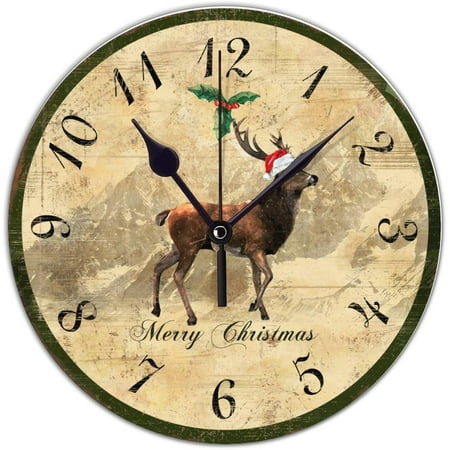 Christmas Moose Clocks Battery Operated Vintage Design Non Ticking Wall Clock Round Living Room Wall Hanging House Wall Decor Clocks For Bedroom, School, Classroom, 15 Inch