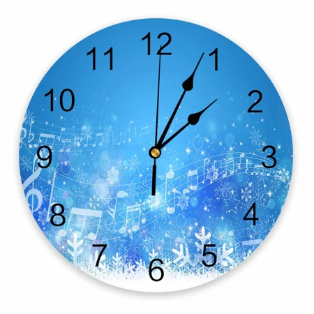 Christmas Music Blue Winter White Snowflakes rative Round Wall Clock Custom Design Non Ticking Silent Room Large Wall Clock