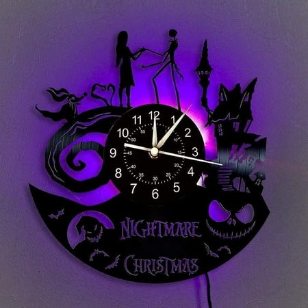 Christmas Nightmare Vinyl Record Wall Clock, 12 inches Home Decoration with LED 7 Color Unique Gift, Living Room Kitchen Halloween Lights Decoration