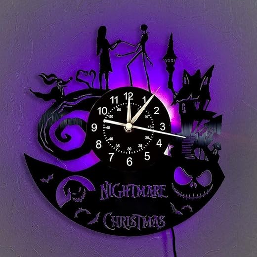 Christmas Nightmare Vinyl Record Wall Clock, 12 inches Home Decoration with LED 7 Color Unique Gift, Living Room Kitchen Halloween Lights Decoration