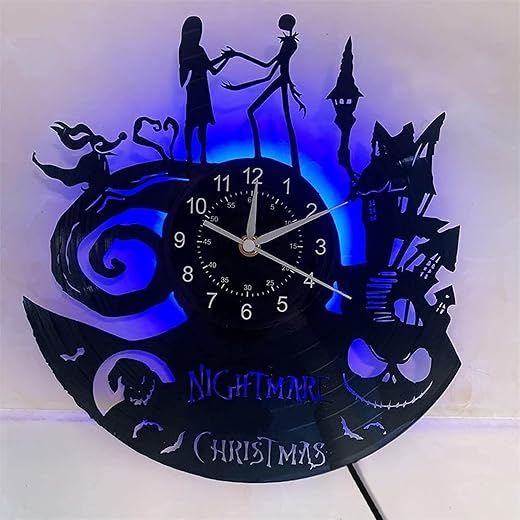 Christmas Nightmare Vinyl Record Wall Clock Creative with Lamp Clock 12Inches Handmade Home Decor Gifts for Children and Friends