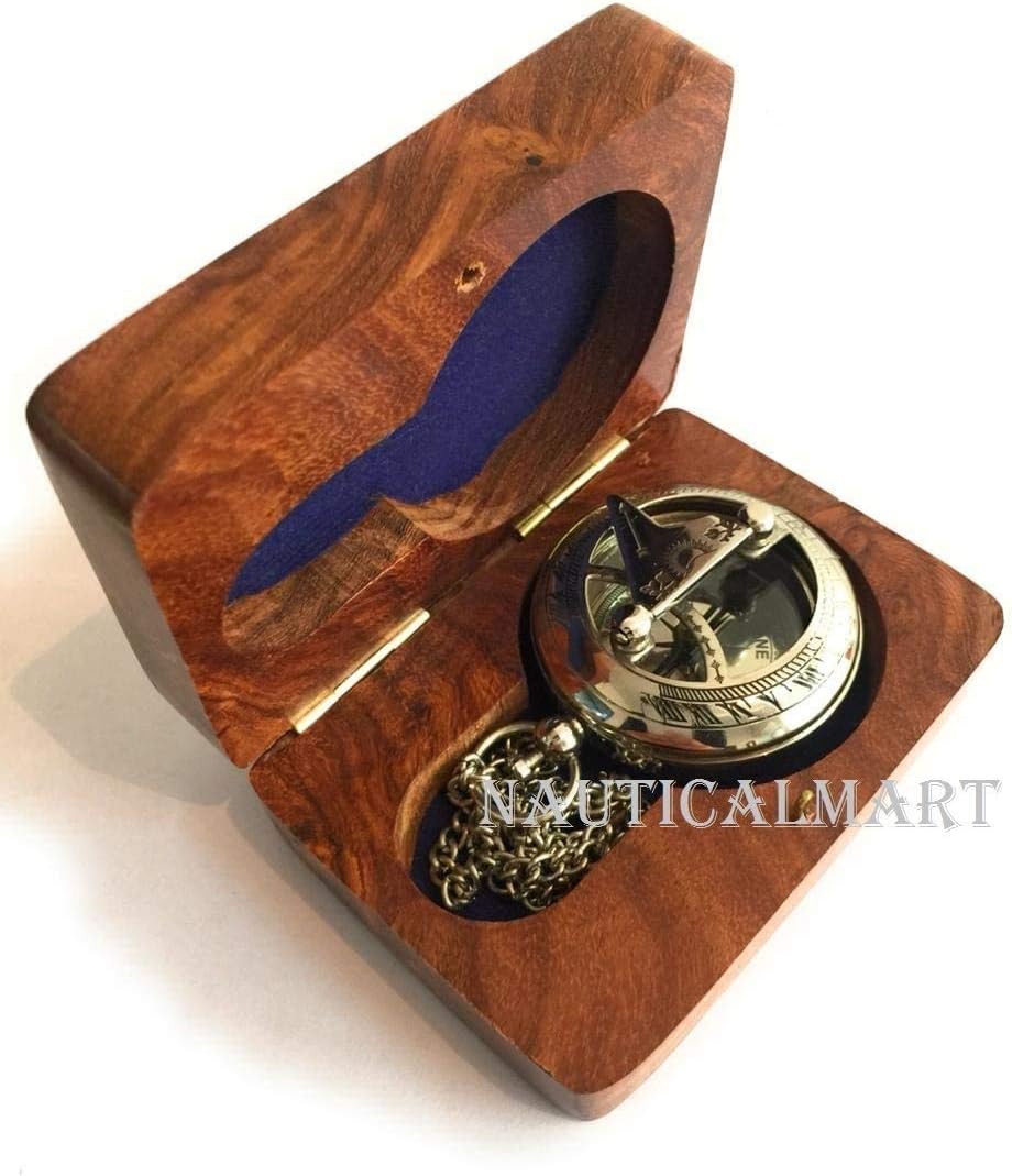 Chrome Push Button Direction Sundial Compass with Wooden Box and Chain Beautiful Handmade Collectible Gifts- Sundial Clock