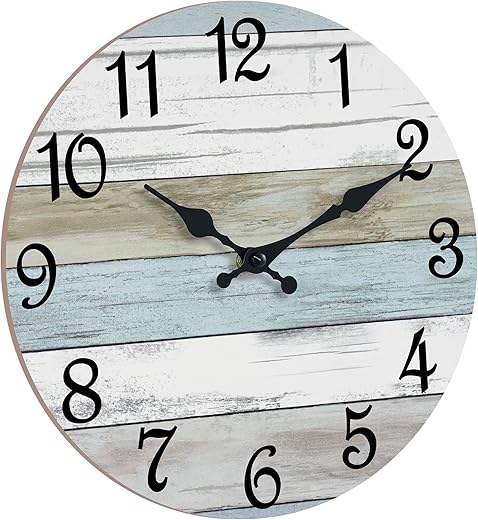 CHYLIN Wall Clock - 16 Inch Silent Non Ticking Coastal Wall Clocks Battery Operated, Wooden Rustic Farmhouse Clock Decorative for Living Room, Kitchen, Bathroom, Office (Blue)