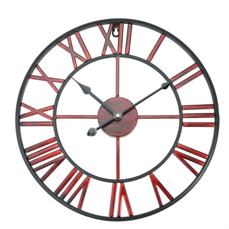 Classic Metal Large Round Iron Wall Clock Roman Numerals Home Decor (Burgundy 40cm in Diameter)