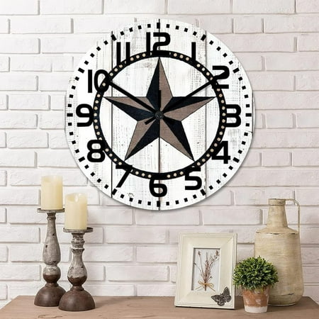 Classic Wall Clock Western Texas Star Rustic Wood Clock Non-Ticking Quiet Battery Operated With Large Numbers Modern Time Clock For Office Kitchen Living Room Decoration 12 Inch