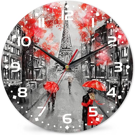 Clock for Living Room, Eiffel Tower Wall Clocks Vintage Wooden Battery Operated Paris Non Ticking 10 inch Clock Silent Art Bedroom Kitchen Clock Home Decor for Girls Kids