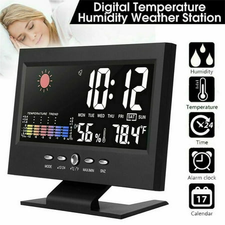 Clock Radio, Alarm Clock with Large Color Voice Controlled touch Screen, USB Cable, Humidity Test, 5-in-1 Meteorological Station for Bedroom, Living Room