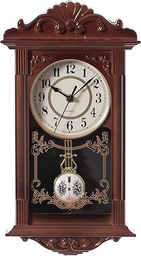 Clockswise Vintage Grandfather Wood-Looking Plastic Pendulum Decorative Battery-Operated Wall Clock Brown, for Office, Home Decor, Living Room, Kitchen, or Dining Room,Brown