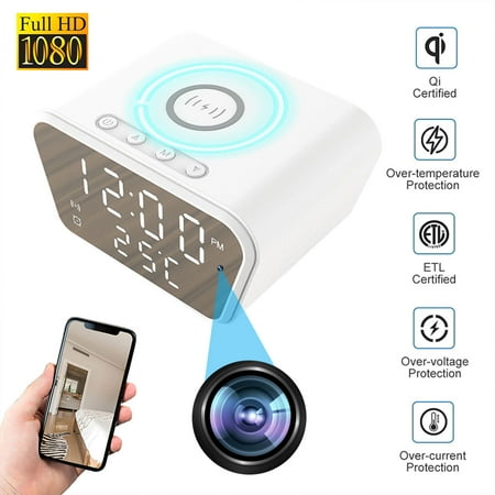 Clock WiFi Mini 1080p Full Hd Camera Motion Detection Clock Wireless Charging Small Surveillance Security Cams Clock for Indoor Home Office Security