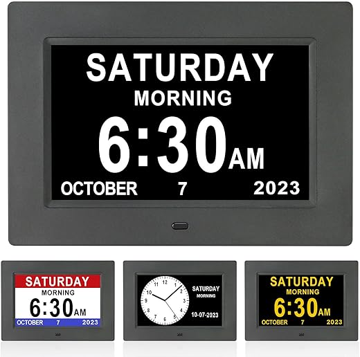 Clock with Day and Date for Elderly -3 Colors Display 12 Alarms Digital Calendar Day Clock Alarm Clock Wall Clock Large Display Dementia Alzheimers Clock Large Digital Clock for Seniors (7 inch Black)