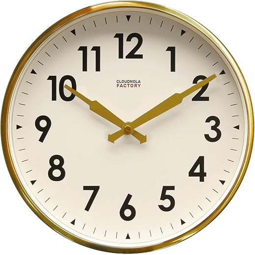 Cloudnola Station Metal Wall Clock, Brushed Gold, 12 inch Diameter, Silent Non Ticking, Battery Operated Quartz Movement